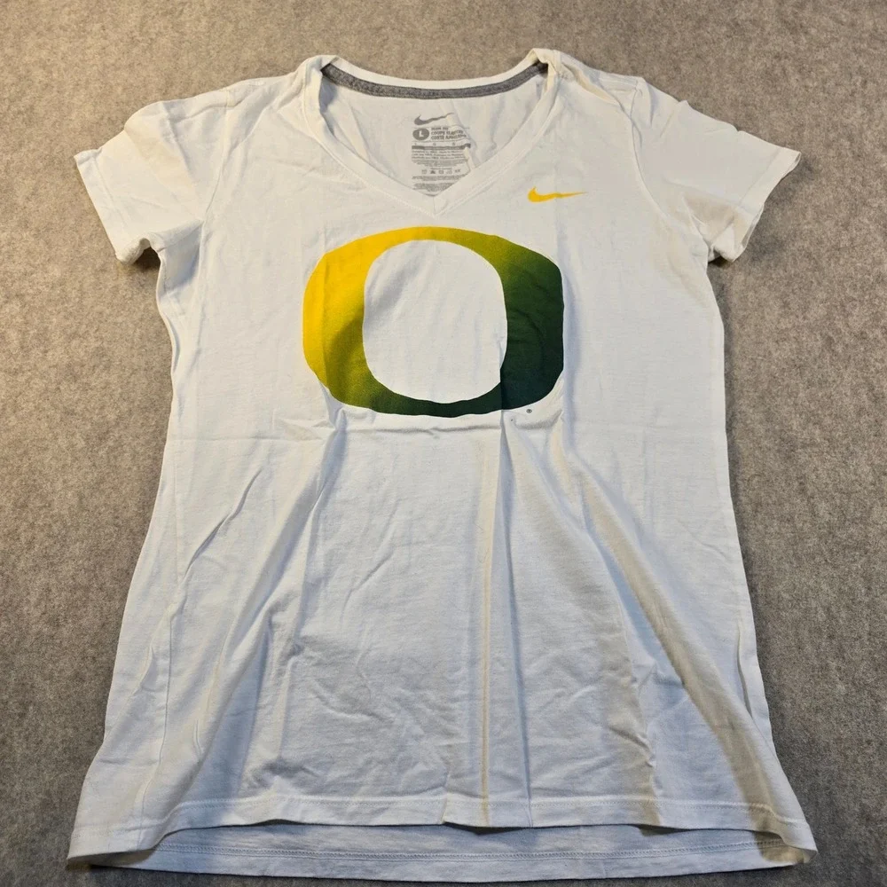 Nike Oregon Ducks Womens‎ Slim Fit V-Neck T-Shirt White Large NCAA College Logo